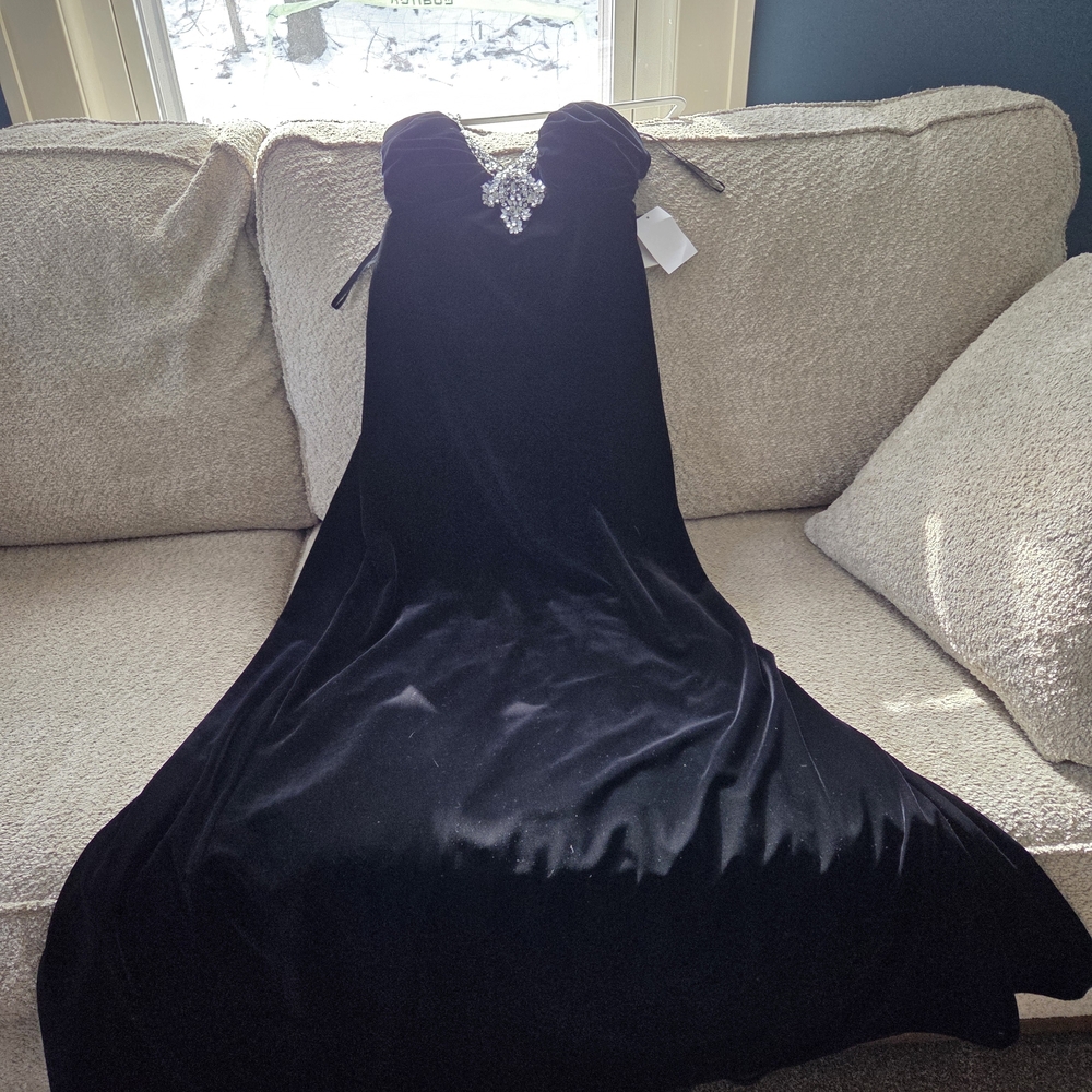 Betsy & Adam Black Velvet Halter Evening Gown with Jeweled Accent